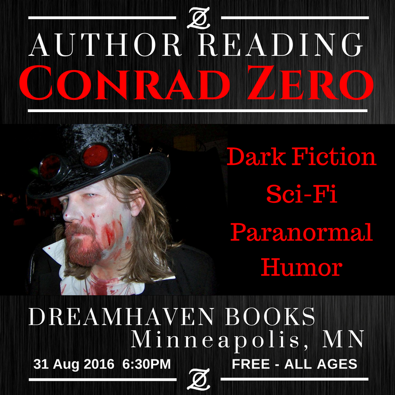Conrad Zero Author Reading Flier Dreamhaven Aug 2016